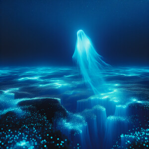 A translucent ghost gracefully drifting in the dark depths of th...