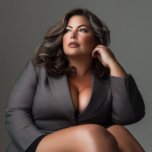 Craft an image of a sophisticated, medium sized curvy woman with...