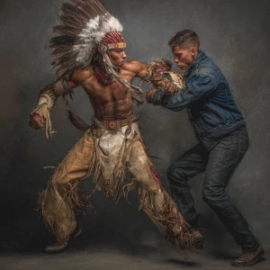 Native American man wearing traditional regalia with buckskin pa...