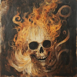 A  skull face emerging from a flame, half alive and half burning...