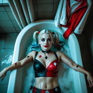 Harley Quinn taking a relaxing bath. Her costume is hanging up o...