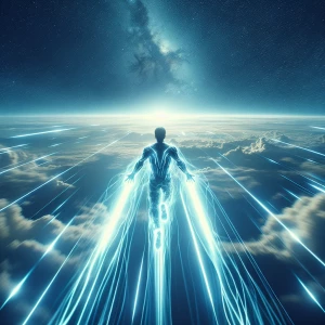 Man flying through the sky,  tron effects, wide angle shot