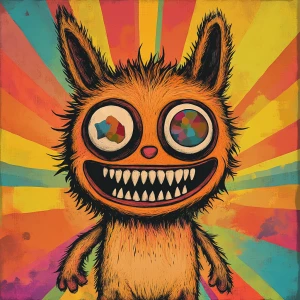 Stylized character portrait of a mischievous designer toy creat...