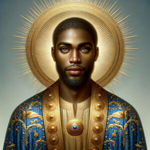 Create a beautiful African-American Jesus Christ with Hazel, brown eyes and blue and gold robe