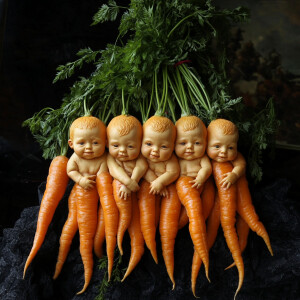 A bunch of carrots in the form of anthropomorphic babies.