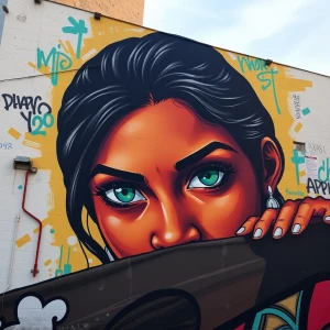 Design a 3D street art mural in a graffiti style, depicting a wo...