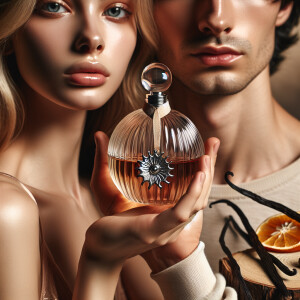 Young woman and man holding up-close of their face a bottle of p...