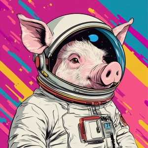 Cute cartoon pig in vintage white spacesuit and NASA style helme...
