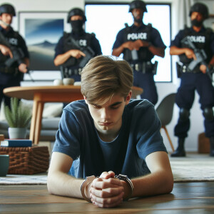 caucasian male teens handcuffed, laying flat face down on the gr...