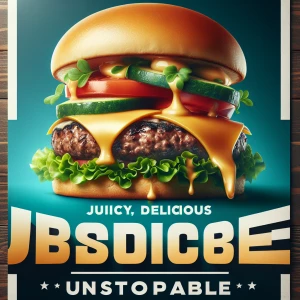 A clean layout featuring a juicy burger on a toasted bun, with the text ‘Juicy. Delicious. Unstoppable.’ written across the top in a modern sans-serif font