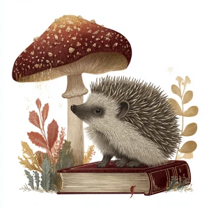Gray hedgehog sitting beside brown mushroom, vintage book illust...