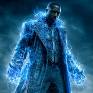 A powerful superhero character in a futuristic outfit, wearing a...