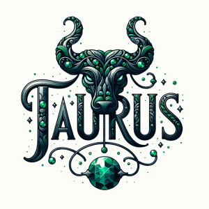 Pretty stylized letters spelling “Taurus” with tiny emeralds sca...
