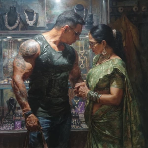 Hyperrealism photo painting.a muscular beefy tattoed gujarati sw...