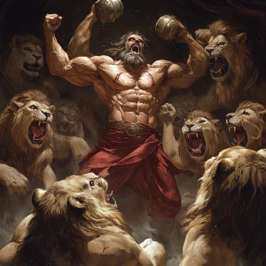 Create an image depicting a muscular Daniel battling lions after being thrown in the lions den