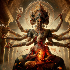 portrait of intense looking, four-armed indian goddess sitting...