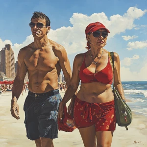 Realism,a muscular sweaty man walking with his 50 years old poo...