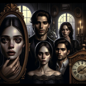 Two girls and two guys are standing in a dark room. The figure o...