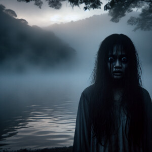 A girl stands in horror near a terrible lake in the morning
