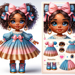 Design a 3-D realistic original African-American Cabbage Patch doll. She has on a blue pink and gold dress with matching booties. She has pink and blue bows in her hair. she lives inside of a colorful dollhouse. She has freckles and big dimples.