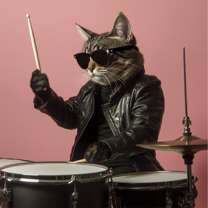 A full-body image of a cat dressed in sunglasses and a black lea...
