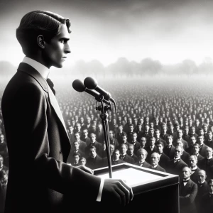 "Standing resolutely at the podium, Martin Luther King Jr. addre...