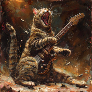 A tabby cat is depicted standing up, passionately playing the gu...
