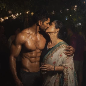 hyperrealistic painting .a muscular, sweaty Indian man standing...