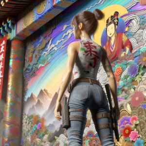 Athletic Thin skinny Attractive, Asian teenage girl, long brown hair and bangs, wearing tight skinny jeans and a halter top paint marks on her clothing, heroic pose Asian graffiti background, backside view