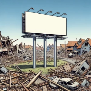 An empty billboard with very little damage in a destroyed town.