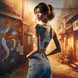 Athletic Thin skinny Attractive, Asian teenage girl, long brown hair and bangs, wearing tight skinny jeans and a halter top paint marks on her clothing, heroic pose Asian graffiti background,  backside view