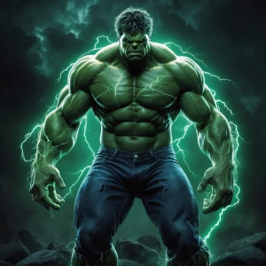 Graphic-style full-body illustration of the Incredible Hulk, sta...