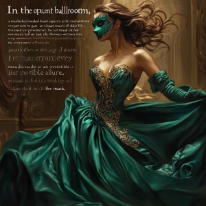 "In the opulent ballroom, a masked beauty captures every gaze, h...