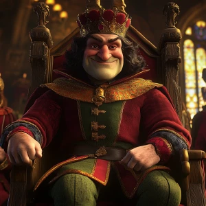 Create a digital portrait of Lord Farquaad, the antagonist from the Shrek film series, capturing his distinctive medieval attire, pompous expression, and short stature while sitting on his extravagant throne in Duloc Castle.