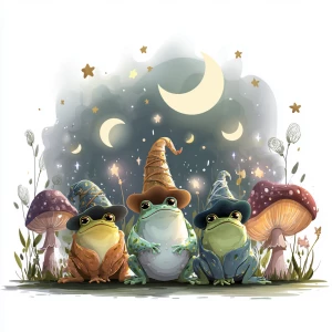 five wise cartoon frogs in wizard hats sitting under glowing mus...