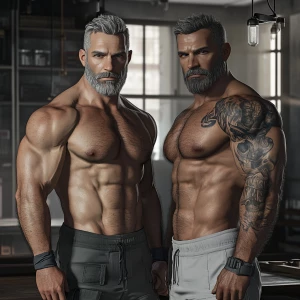 two imposing, gray hair with a short beard muscular figures stan...