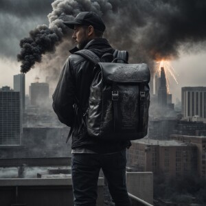 a charcoal image of man standing with their head bowed down, wea...