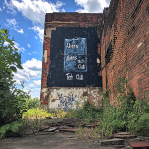 Weathered-graffiti, a skyscraper with a crumbling wall from an a...