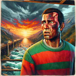 Man with similarities to Freddy Krueger,vivid expression of surp...