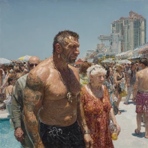 Hyperrealism,sharp painting,a muscular beefy criminal man walkin...