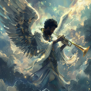Black man angel looking at the earth with a trumpet