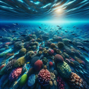 Dolphins and other sea animals  Swimming around in the blue ocea...