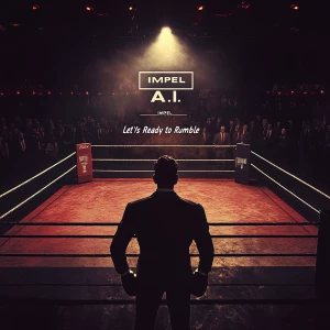 Create an image of an intense boxing ring scene from a high, wid...