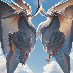 Two powerful dragons engaged in a realistic mid-air battle, wing...