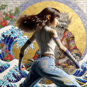 Athletic Thin skinny Attractive, Asian teenage girl, long brown hair and bangs, wearing tight skinny jeans and a halter top paint marks on her clothing, heroic pose Asian graffiti background, backside view