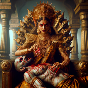 portrait of intense looking indian goddess sitting on a gold cr...