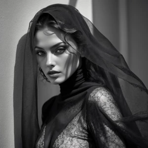Tight portrait in black and white; model in sheer black mesh lea...