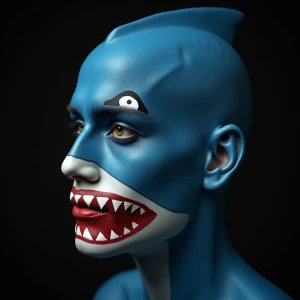 extreme makeup, man's face painted to look like a shark, artistr...