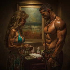 Realism photo painting, a muscular Russian man in his beach hote...