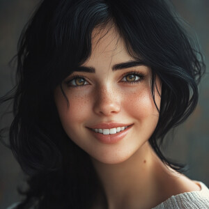 Create an image of an exquisite woman with black hair smiling en...